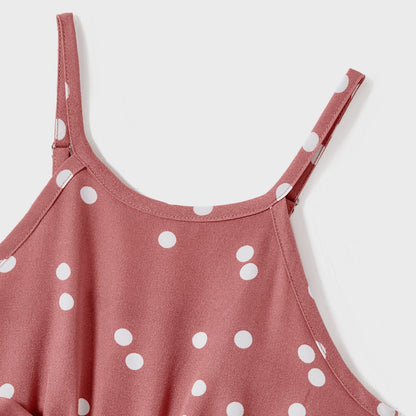 Family Matching Cotton Short-sleeve Striped T-shirts and Polka Dot Print Halter Ruffle Trim Dresses Sets - 20567819