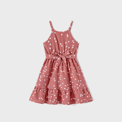 Family Matching Cotton Short-sleeve Striped T-shirts and Polka Dot Print Halter Ruffle Trim Dresses Sets - 20567819