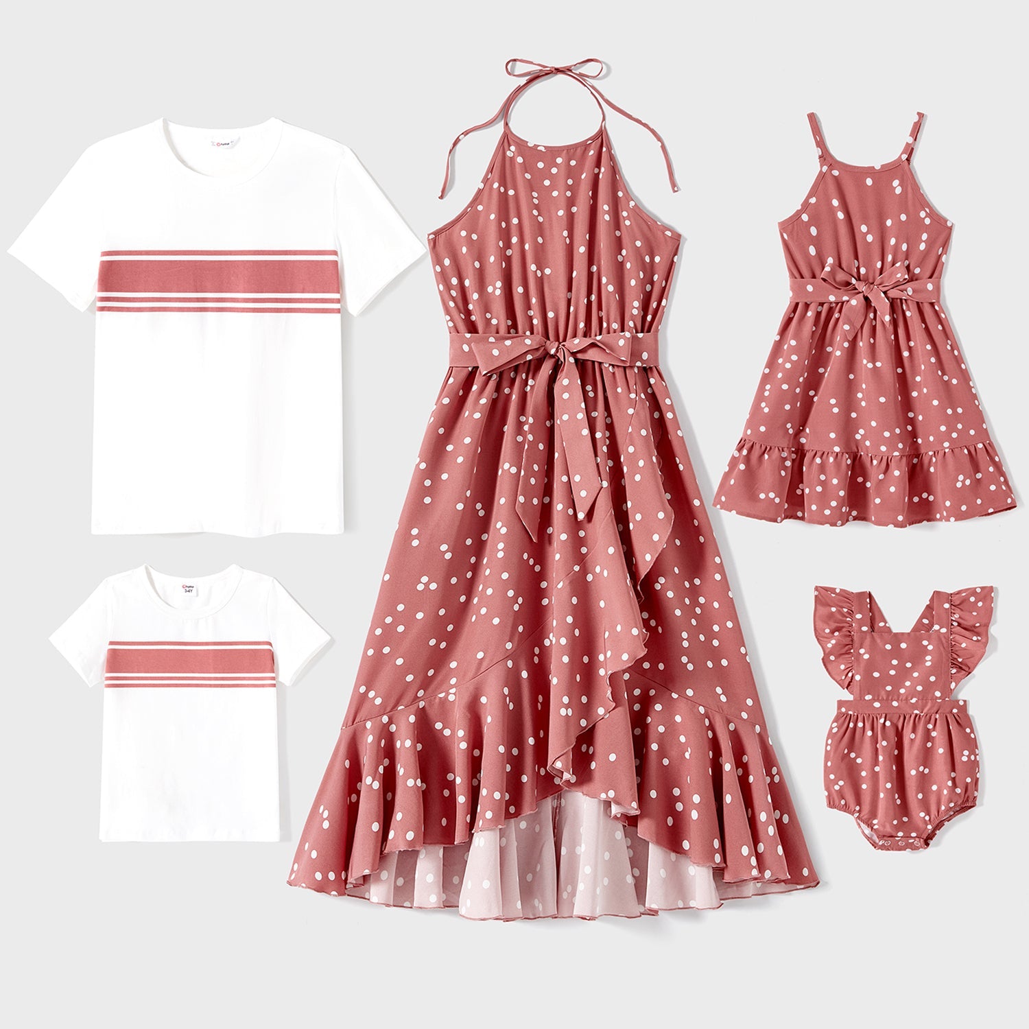 Family Matching Cotton Short-sleeve Striped T-shirts and Polka Dot Print Halter Ruffle Trim Dresses Sets - 20567819