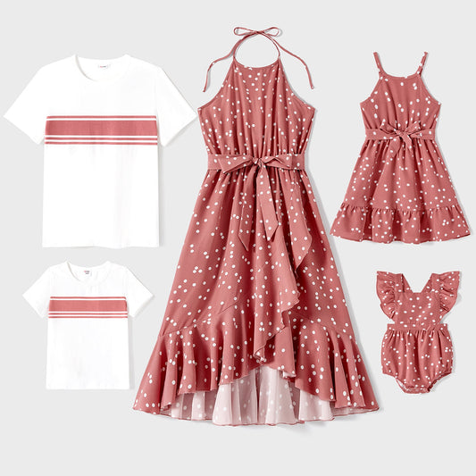 Family Matching Cotton Short-sleeve Striped T-shirts and Polka Dot Print Halter Ruffle Trim Dresses Sets - 20567819