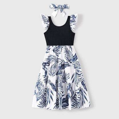 Family Matching Cotton Short-sleeve T-shirt and Plant Print Naia? Spliced Ruffle Trim Cami Dresses Sets - 20560651