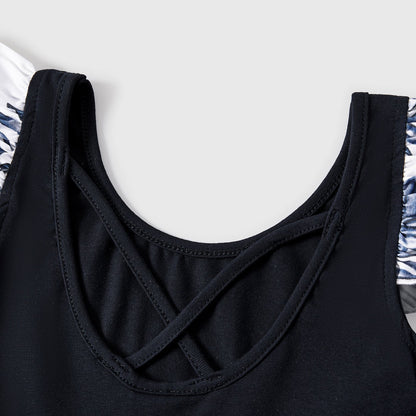 Family Matching Cotton Short-sleeve T-shirt and Plant Print Naia? Spliced Ruffle Trim Cami Dresses Sets - 20560651