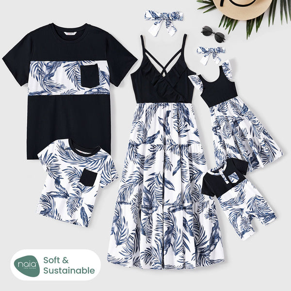 Family Matching Cotton Short-sleeve T-shirt and Plant Print Naia? Spliced Ruffle Trim Cami Dresses Sets - 20560651