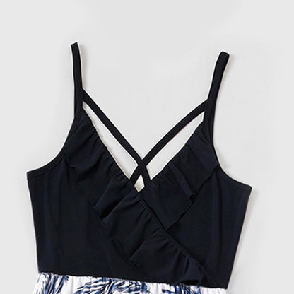 Family Matching Cotton Short-sleeve T-shirt and Plant Print Naia? Spliced Ruffle Trim Cami Dresses Sets - 20560651