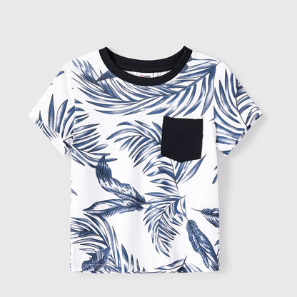 Family Matching Cotton Short-sleeve T-shirt and Plant Print Naia? Spliced Ruffle Trim Cami Dresses Sets - 20560651