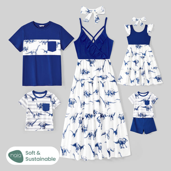 Family Matching Cotton Short-sleeve T-shirts and Allover Dinosaur Print Spliced Naia? Dresses - 20574298