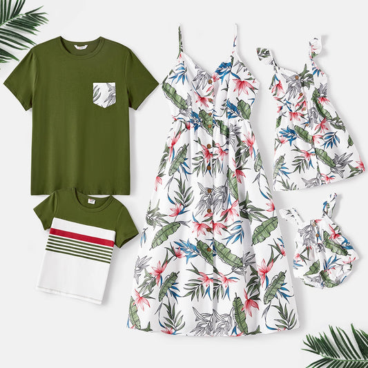 Family Matching Cotton Short-sleeve T-shirts and Allover Floral Print Button Front Cami Dresses Sets - 20574179