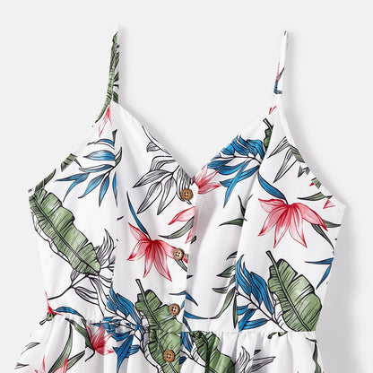 Family Matching Cotton Short-sleeve T-shirts and Allover Floral Print Button Front Cami Dresses Sets - 20574179