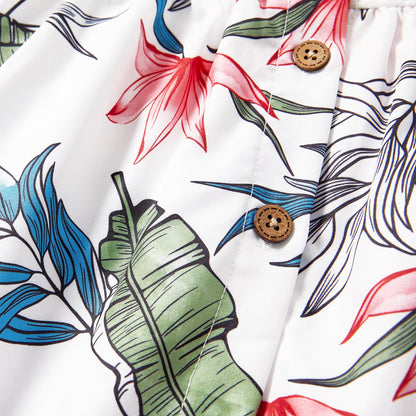 Family Matching Cotton Short-sleeve T-shirts and Allover Floral Print Button Front Cami Dresses Sets - 20574179