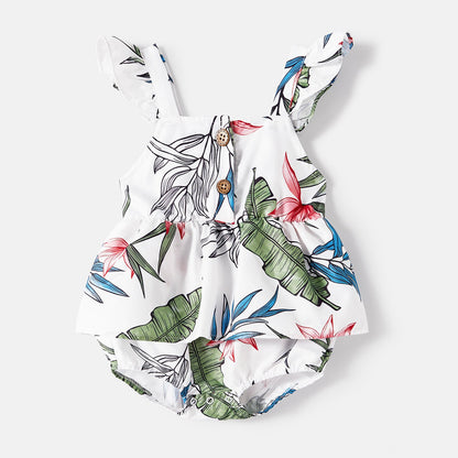 Family Matching Cotton Short-sleeve T-shirts and Allover Floral Print Button Front Cami Dresses Sets - 20574179