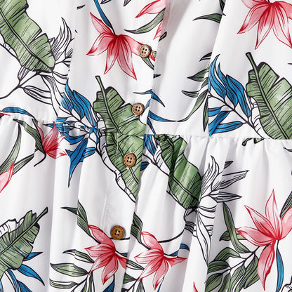 Family Matching Cotton Short-sleeve T-shirts and Allover Floral Print Button Front Cami Dresses Sets - 20574179