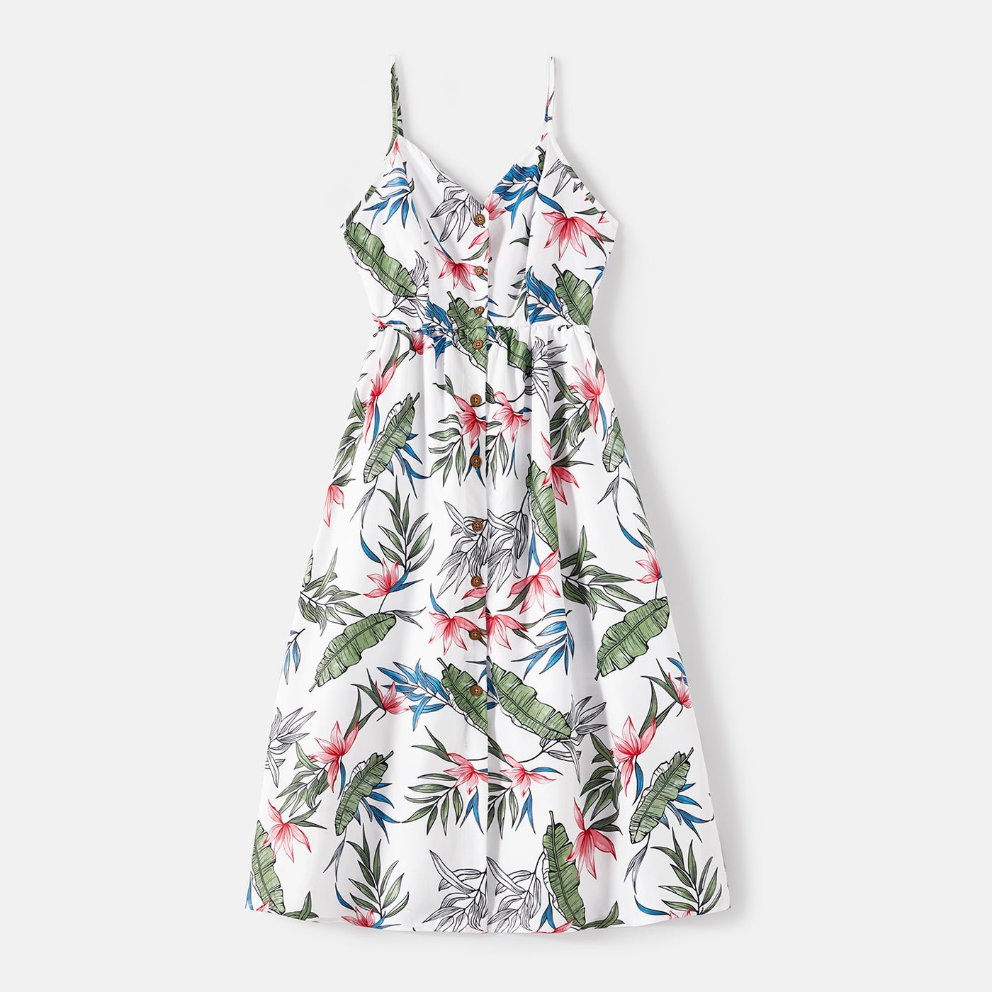 Family Matching Cotton Short-sleeve T-shirts and Allover Floral Print Button Front Cami Dresses Sets - 20574179