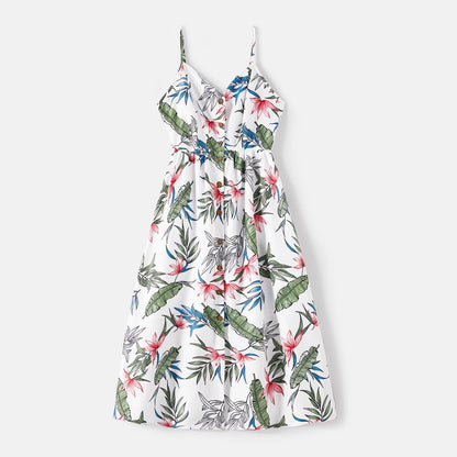 Family Matching Cotton Short-sleeve T-shirts and Allover Floral Print Button Front Cami Dresses Sets - 20574179