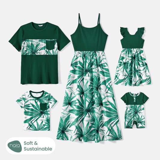 Family Matching Cotton Short-sleeve T-shirts and Allover Plant Print Spliced Naia? Cami Dresses Sets - 20588791