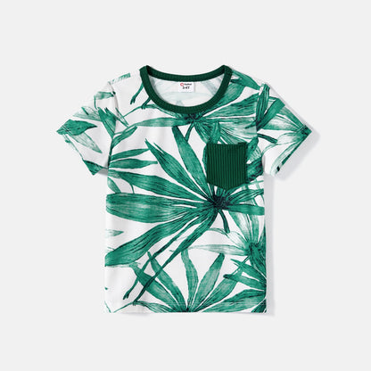 Family Matching Cotton Short-sleeve T-shirts and Allover Plant Print Spliced Naia? Cami Dresses Sets - 20588791