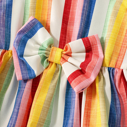 Family Matching Cotton Short-sleeve T-shirts and Colorful Striped Flutter-sleeve Dresses Sets - 20568939