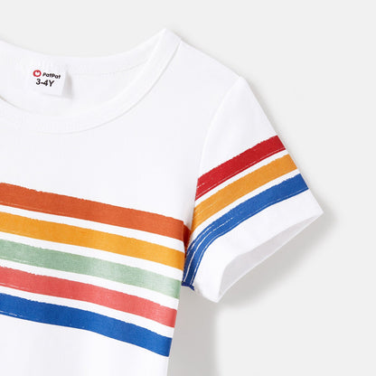 Family Matching Cotton Short-sleeve T-shirts and Colorful Striped Flutter-sleeve Dresses Sets - 20568939