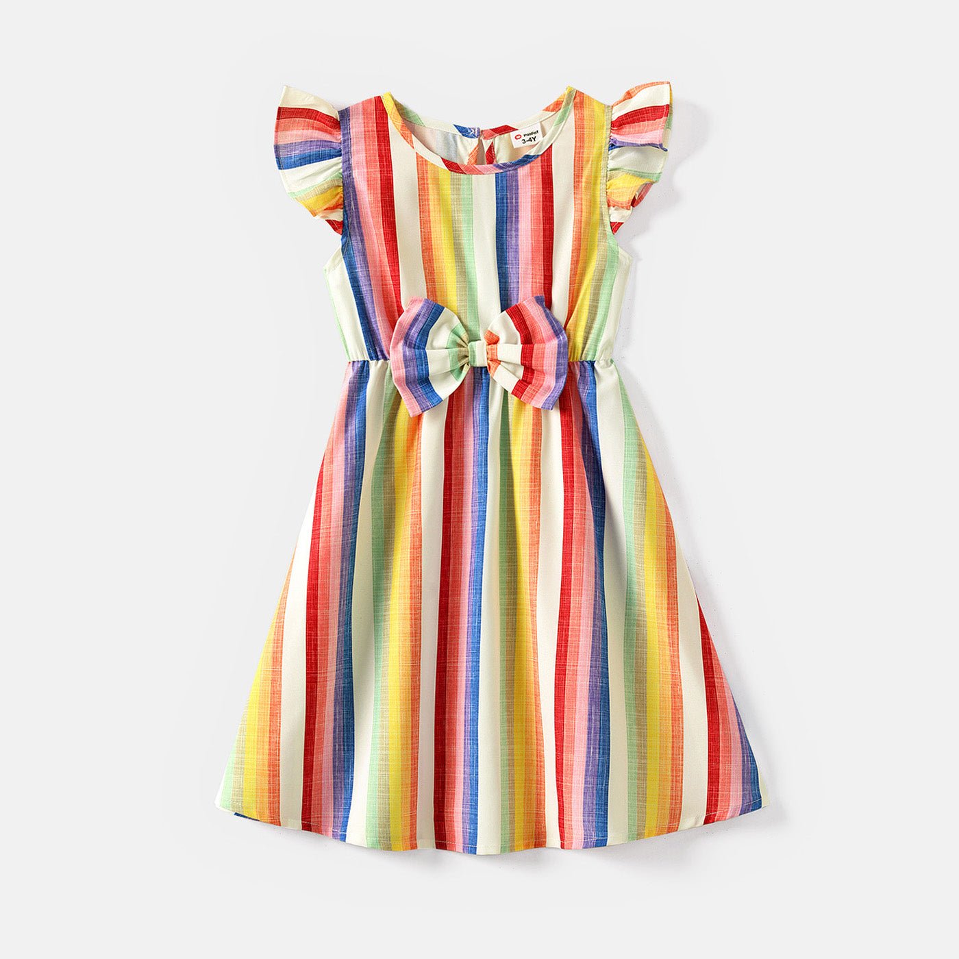 Family Matching Cotton Short-sleeve T-shirts and Colorful Striped Flutter-sleeve Dresses Sets - 20568939