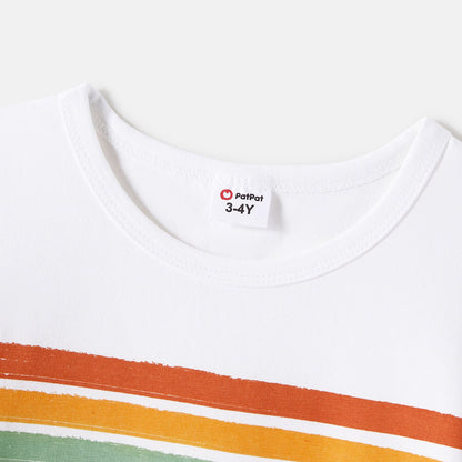 Family Matching Cotton Short-sleeve T-shirts and Colorful Striped Flutter-sleeve Dresses Sets - 20568939