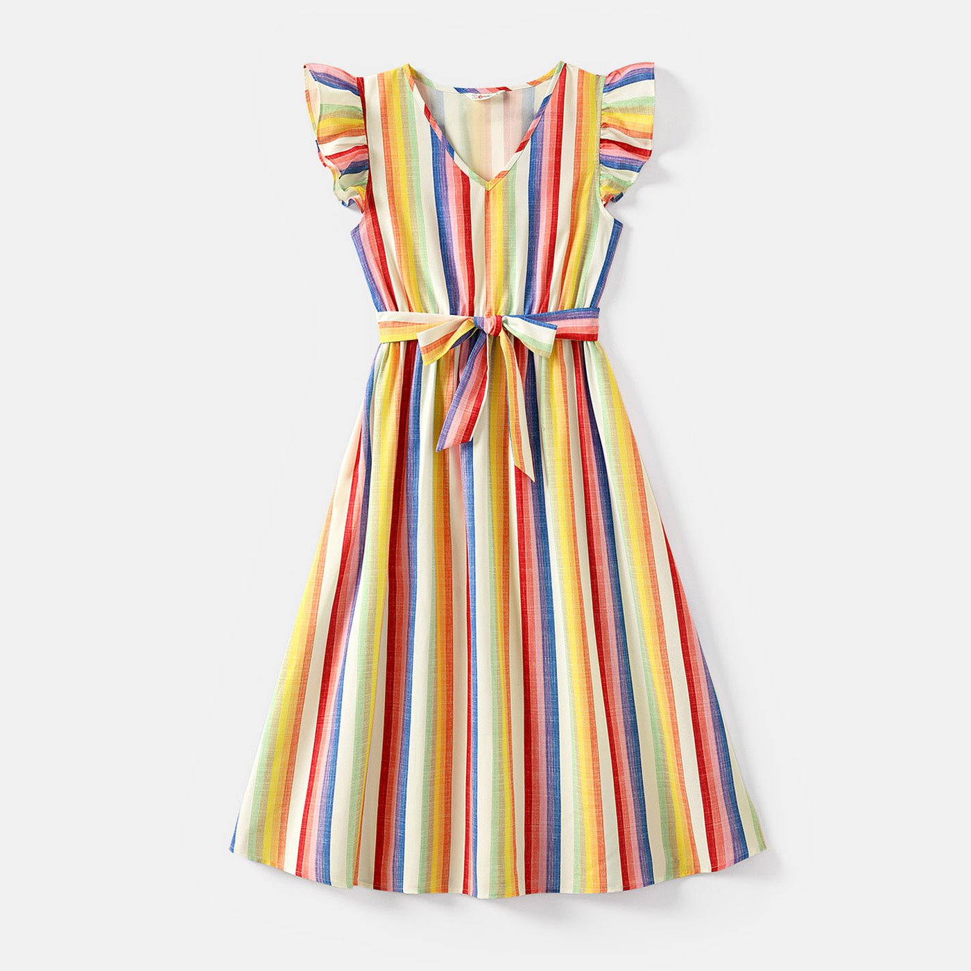 Family Matching Cotton Short-sleeve T-shirts and Colorful Striped Flutter-sleeve Dresses Sets - 20568939
