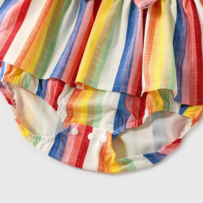Family Matching Cotton Short-sleeve T-shirts and Colorful Striped Flutter-sleeve Dresses Sets - 20568939