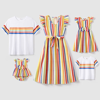 Family Matching Cotton Short-sleeve T-shirts and Colorful Striped Flutter-sleeve Dresses Sets - 20568939