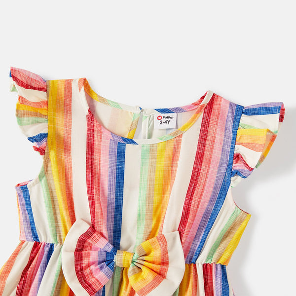 Family Matching Cotton Short-sleeve T-shirts and Colorful Striped Flutter-sleeve Dresses Sets - 20568939