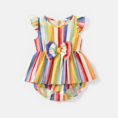 Family Matching Cotton Short-sleeve T-shirts and Colorful Striped Flutter-sleeve Dresses Sets - 20568939