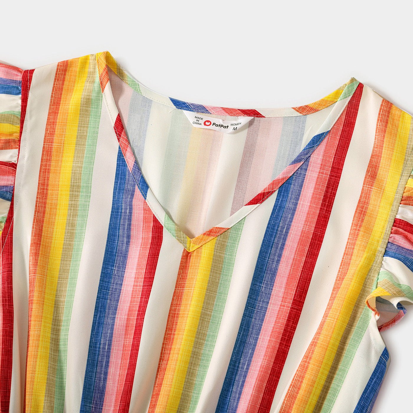 Family Matching Cotton Short-sleeve T-shirts and Colorful Striped Flutter-sleeve Dresses Sets - 20568939