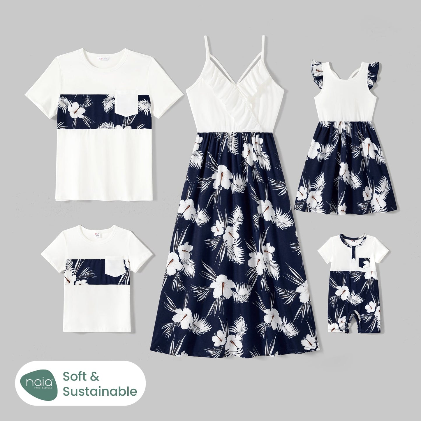 Family Matching Cotton Short-sleeve T-shirts and Floral Print Naia? Spliced Ruffle Trim Cami Dresses Sets - 20560677