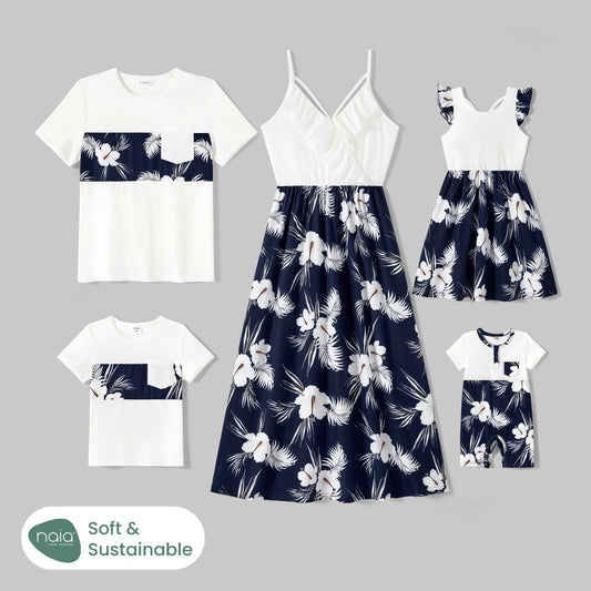 Family Matching Cotton Short-sleeve T-shirts and Floral Print Naia? Spliced Ruffle Trim Cami Dresses Sets - 20560677