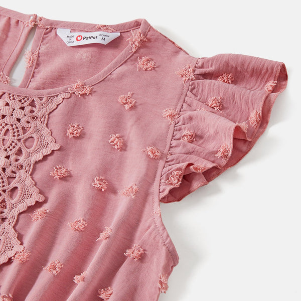 Family Matching Cotton Short-sleeve T-shirts and Pink Swiss Dot Lace Detail Flutter-sleeve Dresses Sets - 20559221