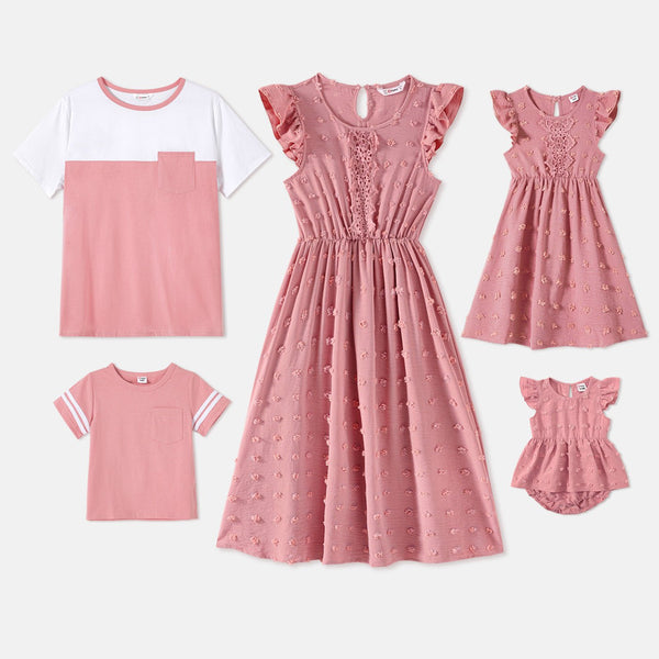 Family Matching Cotton Short-sleeve T-shirts and Pink Swiss Dot Lace Detail Flutter-sleeve Dresses Sets - 20559221