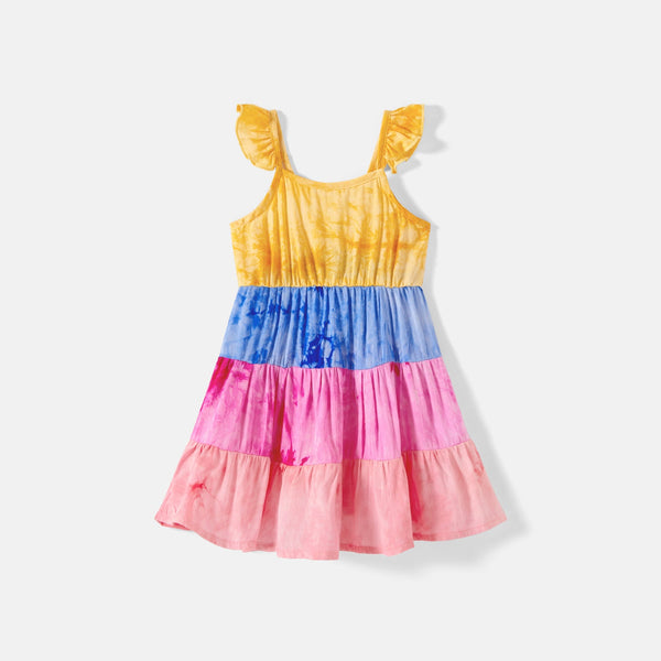 Family Matching Cotton Short-sleeve Tie Dye T-shirts and Belted Cami Dresses Sets - 20628474