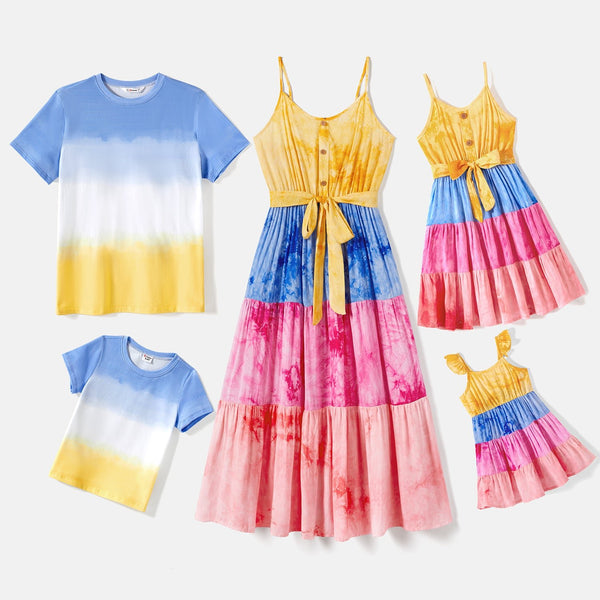 Family Matching Cotton Short-sleeve Tie Dye T-shirts and Belted Cami Dresses Sets - 20628474