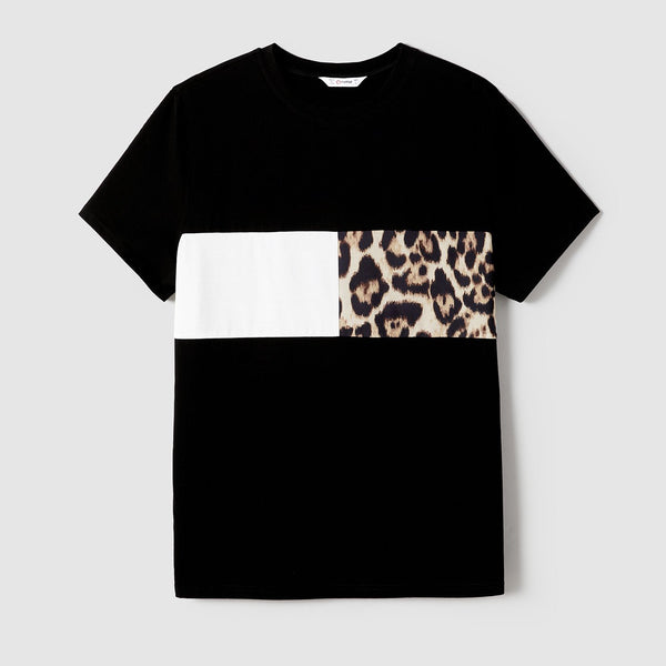 Family Matching Figure Print Leopard Panel Mesh Overlay One-Shoulder Dresses and Colorblock Short-sleeve T-shirts Sets - 20668535