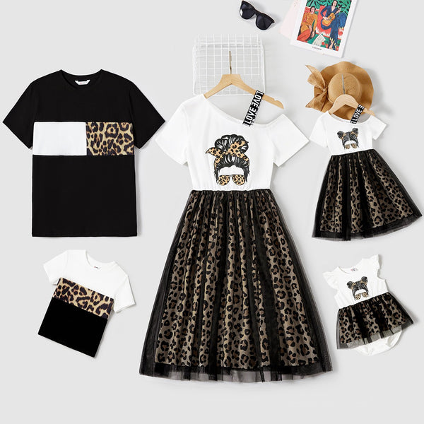 Family Matching Figure Print Leopard Panel Mesh Overlay One-Shoulder Dresses and Colorblock Short-sleeve T-shirts Sets - 20668535