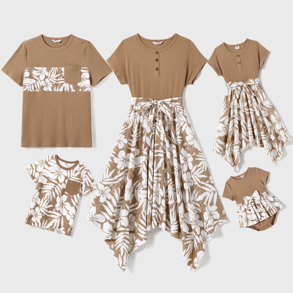 Family Matching Flora Print Short-sleeve Rib Knit Belted Dresses and Tops Sets - 20702272