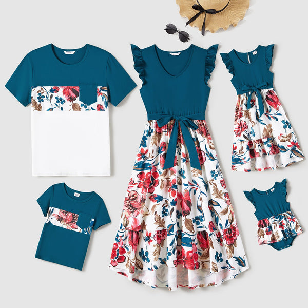 Family Matching Floral Panel Flutter-sleeve Belted Dresses and T-shirts Sets - 20681195