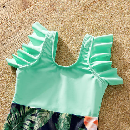 Family Matching Floral Plant Print Ruffled One-piece Swimsuit or Swim Trunks Shorts - 20657094