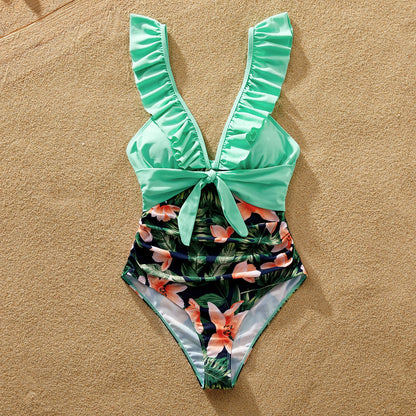 Family Matching Floral Plant Print Ruffled One-piece Swimsuit or Swim Trunks Shorts - 20657094