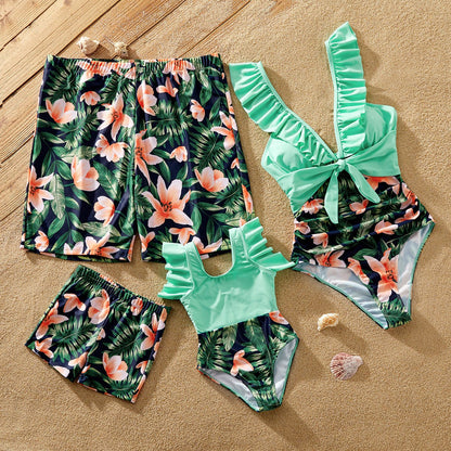 Family Matching Floral Plant Print Ruffled One-piece Swimsuit or Swim Trunks Shorts - 20657094