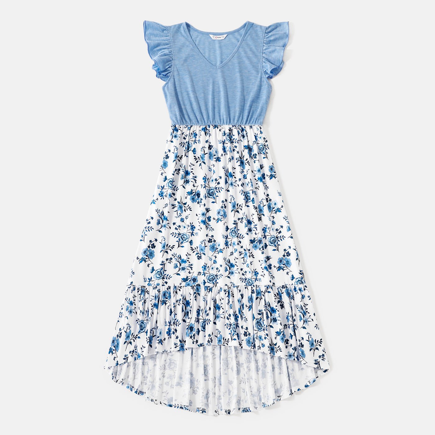 Family Matching Floral Print High Low Hem Flutter-sleeve Spliced Naia? Dresses and Short-sleeve Striped T-shirts Sets - 20556516