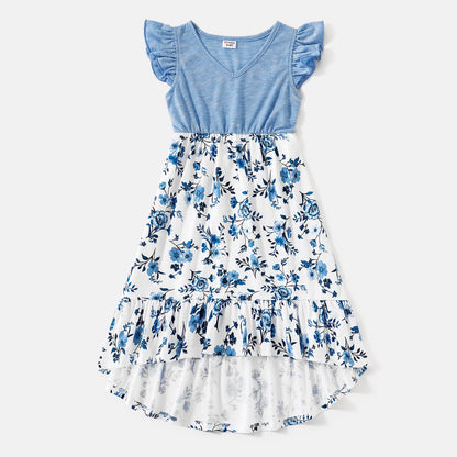 Family Matching Floral Print High Low Hem Flutter-sleeve Spliced Naia? Dresses and Short-sleeve Striped T-shirts Sets - 20556516