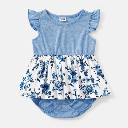Family Matching Floral Print High Low Hem Flutter-sleeve Spliced Naia? Dresses and Short-sleeve Striped T-shirts Sets - 20556516