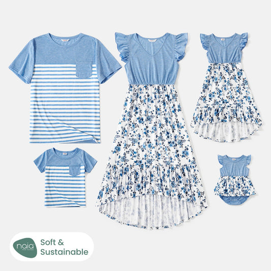 Family Matching Floral Print High Low Hem Flutter-sleeve Spliced Naia? Dresses and Short-sleeve Striped T-shirts Sets - 20556516