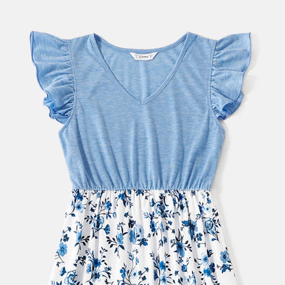 Family Matching Floral Print High Low Hem Flutter-sleeve Spliced Naia? Dresses and Short-sleeve Striped T-shirts Sets - 20556516