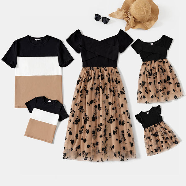 Family Matching Floral-Print Mesh Dresses And Color-Block Short-Sleeved Tops - 20687165