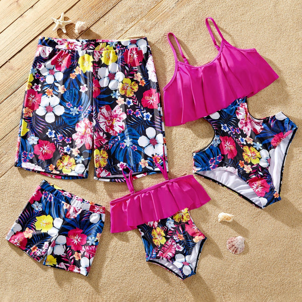 Family Matching Floral Print Ruffled One-piece Swimsuit or Plant Print Swim Trunks Shorts - 20638554