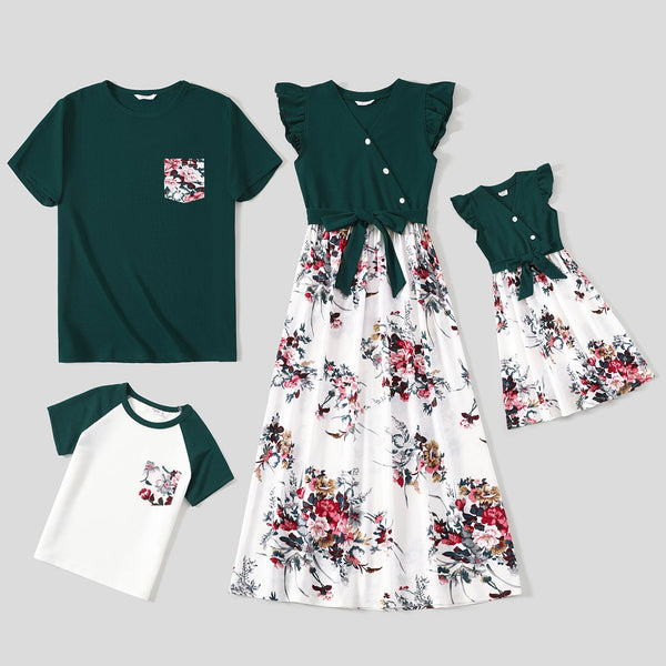 Family Matching Floral Print Splicing Dark Green Flutter-sleeve Dresses and Short-sleeve T-shirts Sets - 20327554